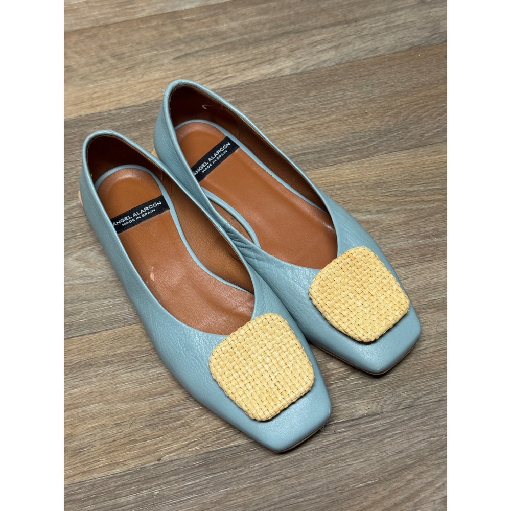 Angel Alarcon Light Blue Leather Square Toe Flats Woven Buckle Made in Spain - Picture 3 of 10